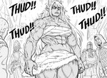 absurd_res armor baalbuddy breasts cleavage clothed clothing english_text female group headgear helmet hi_res horn horned_humanoid human humanoid male mammal monochrome muscular muscular_female not_furry text