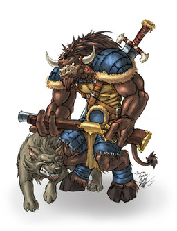 ambiguous_gender angry anthro armor belt brown_body brown_fur duo feral fur gun holding_gun holding_object holding_ranged_weapon holding_weapon horn leather leather_armor melee_weapon pauldron ranged_weapon simple_background sword tail teeth weapon white_background kienan_lafferty blizzard_entertainment warcraft bovid bovine canid canine canis mammal tauren wolf 2005 hi_res