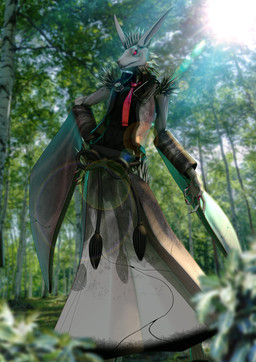 anthro armwear asian_clothing clothing detached_sleeves forest fur hand_on_hip light light_beam long_ears male mohawk necktie outside plant pupils red_eyes red_necktie slit_pupils solo spiky_fur standing sunbeam sunlight tree white_body white_fur deino_(artist) banni_(deino) lagomorph leporid mammal rabbit 2018 3d_(artwork) autodesk_3ds_max_(artwork) digital_media_(artwork) hi_res