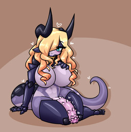 4_toes 5_fingers :> anthro big_breasts big_penis blonde_hair blue_eyes blush breasts feet fingers genitals gynomorph hair half-erect heart_symbol horn hybrid_genitalia hybrid_penis intersex looking_at_viewer penile_spines penis purple_body simple_background sitting solo spikes spikes_(anatomy) tail throbbing throbbing_penis toes wide_hips limebreaker mythology dragon mythological_creature mythological_scalie scalie hi_res