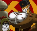 5_fingers anthro belt_buckle belt_pouch big_breasts black_nose blush breasts buckle cleavage clothed clothing duo fangs female fingers front_view gun hammer_and_sickle hat headgear headwear huge_breasts machine male male/female military ranged_weapon russian sabertooth_(anatomy) snout soldier soviet_union star suit teeth turret uniform ushanka warrior weapon gideon alexi_(gideon) smirnov canid canine canis domestic_dog felid husky mammal nordic_sled_dog pantherine prehistoric_species saber-toothed_tiger spitz tiger digital_media_(artwork)