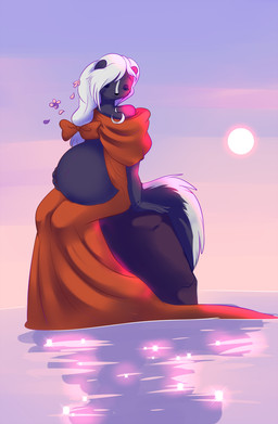 4_fingers anthro belly bent_legs big_belly black_body black_fur black_nose black_tail blue_sky closed_smile clothed clothed_anthro clothed_female clothing detailed_background dress eyelashes eyes_closed facial_markings female fingers flower fluffy fluffy_tail fur hair hand_on_own_belly head_markings light long_hair markings mouth_closed multicolored_body multicolored_fur on_rock orange_clothing orange_dress orange_hair_bow outside petals pink_flower plant pregnant pregnant_anthro pregnant_female rock sitting sitting_on_rock sky smile solo sparkles sun tail thin_eyebrows two_tone_body two_tone_fur two_tone_tail water white_hair white_markings white_tail black_kitty eternal_forwardness ashe_grewirt mammal mephitid skunk 2025 colored digital_drawing_(artwork) digital_media_(artwork) english_description hi_res lighting shaded