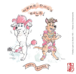 accessory action_pose animal_genitalia animal_penis aroused balls canine_genitalia canine_penis dreamworks_forgotten_island duo erection feral floppy_ears genitals head_hair headband jewelry knot knotted_penis lycanthropy male necklace pawpads paws penis pose text fennec_(artist) 100_percent_wolf 200_percent_wolf dreamworks forgotten_island freddy_lupin_(100_percent_wolf) raww_(forgotten_island) canid canine canis domestic_dog mammal poodle werecanid werecanine werecreature weredog painting_(artwork) traditional_media_(artwork) watercolor_(artwork)