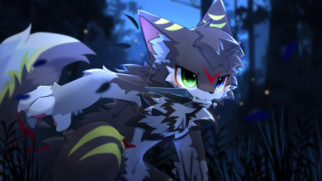 4_fingers anthro biped black_body black_fur blue_eyes blurred_background blush blush_lines chest_tuft claws dagger fingers fluffy fluffy_tail forest forest_background fur green_eyes grey_body grey_fur heterochromia inner_ear_fluff kemono knife male markings melee_weapon multicolored_body multicolored_fur nature nature_background neck_tuft night outside pawpads paws plant pose red_markings solo tail tree tuft weapon white_body white_fur hlg7777 arthropod beetle canid canine canis elateroid firefly insect mammal wolf 16:9 2024 digital_drawing_(artwork) digital_media_(artwork) hi_res shaded wallpaper widescreen