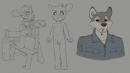 anthro bound chastity_cage chastity_device cigarette duo flaccid fur gag genitals grey_body grey_fur male nipple_clamp nude penis prison_guard simple_background small_penis spanking_machine white_background white_body white_fur yellow_eyes young skidoo canid canine canis deer mammal wolf 16:9 bust_portrait hi_res monochrome portrait sketch_page widescreen