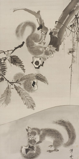 ambiguous_feral ambiguous_gender branch chestnut duo eating eating_food feral food fruit fur holding_food holding_object leaf nut_(fruit) on_branch plant plantigrade tail text tree whiskers kawanabe_kyosai public_domain mammal rodent sciurid tree_squirrel 1886 19th_century absurd_res ancient_art hi_res japanese_text monochrome painting_(artwork) traditional_media_(artwork) traditional_painting_(artwork) translation_request