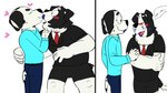 16:9 2_panel_comic anthro beargarbage bluey_(series) blush border_collie canid canine canis collie dalmatian dialogue domestic_dog duo english_text frank_(bluey) fur heart_symbol herding_dog hi_res kiss_mark kiss_on_lips kissing lipstick lipstick_fetish lipstick_on_face mackenzie's_dad_(bluey) makeup male male/male mammal markings mascara pastoral_dog purple_lipstick sheepdog spots spotted_body spotted_fur text widescreen