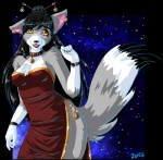 anthro asian_clothing black_hair black_lips chinese_clothing chinese_dress clothing dress ear_piercing east_asian_clothing female fur grey_body grey_fur hair lips piercing solo tail yellow_eyes zenia zenia_(character) canid canine canis mammal wolf alpha_channel