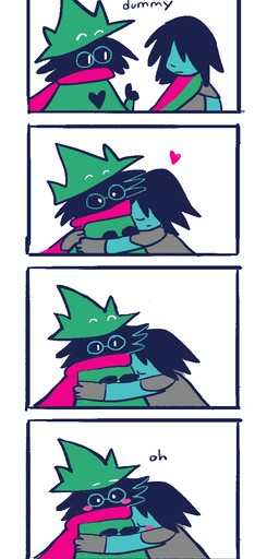 ambiguous_gender ambiguous_human anthro blush blush_stickers clothed clothed_ambiguous clothed_anthro clothed_human clothing dialogue duo eyewear fur glasses hair heart_symbol hug male scarf text mtt-brandanimepowder deltarune undertale_(series) kris_dreemurr ralsei bovid caprine darkner goat human mammal 2018 comic digital_media_(artwork) english_text hi_res