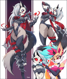 anthro arm_tuft blush blush_lines breasts butt cellphone cleavage clothed clothing cosplay costume duo electronics eyelashes facial_tuft female glistening_eyelids half-closed_eyes heart_symbol long_eyelashes midriff narrowed_eyes phone shoulder_tuft smartphone thong tuft underwear felox08 hellaverse helluva_boss mythology seven_deadly_sins loona_(helluva_boss) malice_loona_(mangakitsune2) queen_bee-lzebub_(helluva_boss) canid canid_demon canine canis demon fox hellhound mammal mythological_canine mythological_creature wolf hi_res