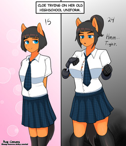 accessory aged_down annoyed anthro black_hair blue_eyes bottomwear clothing cybernetics female hair legwear machine necktie orange_body school_uniform shirt skirt smile solo thigh_highs tight_clothing topwear uniform white_clothing white_shirt white_topwear augmentedleaves cloe_(augmentedleaves) cyborg equid equine mammal absurd_res hi_res