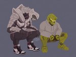 4_fingers anthro armor biped bottomless clothed clothing crouching duo fingers grey_background grey_body grey_skin half-closed_eyes headgear helmet hoodie looking_at_another looking_down male mandibles meme_pose narrowed_eyes simple_background size_difference slav_squat smaller_human space_marine spartan_armor_(halo) squatting_position super_soldier topwear yellow_armor yellow_eyes varanidius drip_(meme) halo_(series) microsoft nike xbox_game_studios arbiter_(halo) master_chief spartan_(halo) alien human mammal sangheili digital_media_(artwork) digital_painting_(artwork) full-length_portrait meme portrait