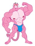 abs anthro areola big_bulge biped blue_clothing blue_thong blue_underwear bulge clothed clothing facial_hair feet flexing flexing_bicep fur half-closed_eyes huge_bulge male muscular muscular_anthro muscular_male narrowed_eyes nipples pecs pink_body pink_fur pose simple_background skimpy solo suggestive_look tail thong thong_only topless underwear underwear_only white_background yellow_sclera boosterpang pink_panther felid mammal pantherine