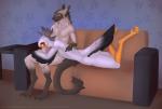 4_toes anisodactyl anthro avian_feet blue_eyes convenient_censorship detailed_background duo feathers feet furniture hug inside nude orange_eyes smile sofa table tail talons toes wings kazucinza quade_amador zxara_amador accipitriform avian bird secretary_bird sergal 2018 censored digital_media_(artwork)