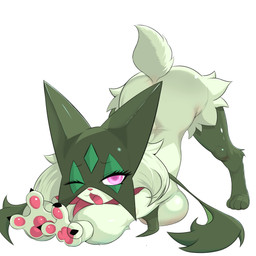 anthro ass_up breasts butt claws eyelashes fangs female female_anthro fur green_body green_fur green_hair hair jack-o'_pose looking_at_viewer one_eye_closed open_mouth pawpads paws pose purple_eyes simple_background solo tail teeth tongue yawn yawning_position nekaaa nintendo pokemon felid feline generation_9_pokemon mammal meowscarada pokemon_(species) 1:1 2026 absurd_res hi_res
