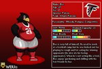 american_football anthro atlanta_falcons avian beak bec_(wbu) belly big_belly bird black_body bottomwear character_name clothed clothing digital_media_(artwork) english_text falcon falconid feathers footwear hand_on_hip logo male model_sheet moobs nfl number_on_clothing number_on_topwear overweight pixel_(artwork) shoes simple_background slightly_chubby solo sport text thick_thighs topwear wbu