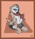 3_toes anthro beak black_beak black_clothing black_eyes black_sclera black_underwear border brown_body brown_fur bulge clothed clothing feathers feet front_view fur kneeling male multicolored_body open_beak open_mouth orange_background orange_border red_scarf scarf simple_background solo tail tail_feathers toes two_tone_body underwear underwear_only white_body white_fur kickingkeldeo avian bird owl 2025 adversarial_noise dated digital_drawing_(artwork) digital_media_(artwork) hi_res signature