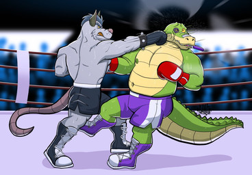 anthro bottomwear boxing boxing_gloves clothed clothing countershading duo fight fighting_ring handwear male musclegut muscular punch shorts sport topless hunter-husky brok_the_investigator cowcat_games brok_(brok_the_investigator) squealers_chief alligator alligatorid crocodilian mammal murid murine rat reptile rodent scalie 2020 hi_res