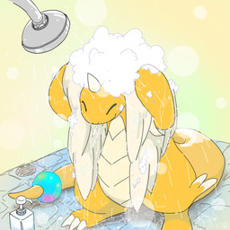 3_toes ambiguous_gender bubble claws drain eyes_closed feet feral gem head_wings horn leg_wings long_tail mouth_closed orange_body pearl_(gem) shower shower_head simple_background slightly_chubby slightly_chubby_ambiguous smile snout soap soap_bubbles soap_dispenser solo steam stone_floor suds tail tan_body toe_claws toes unusual_wing_placement washing_self water wings 0bon mythology nintendo pokemon pokemon_legends_z-a dragon generation_9_pokemon mega_dragonite mega_evolution mythological_creature mythological_scalie pokemon_(species) scalie 1:1 2025 hi_res