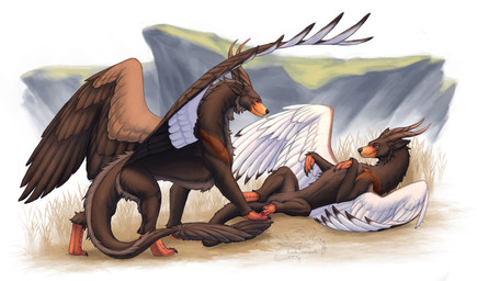 amitash cliff duo feathers female feral fur grass horn male mountain plant playing quadruped tail wings mythology akimere isumar dragon furred_dragon furred_scalie mythological_creature mythological_scalie scalie hi_res story story_in_description