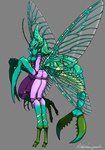 4_legs antennae_(anatomy) anthro blue_eyes breasts claws digitigrade exoskeleton featureless_breasts female gloves_(marking) green_body grey_background horizontal_pupils insect_wings leg_markings mandibles markings multi_leg multi_limb multicolored_body non-mammal_breasts nude pincers pink_body pupils shrimp_tail simple_background socks_(marking) solo spread_wings striped_markings stripes tail wings yellow_body toipokun_oyashi arthropod insect hi_res