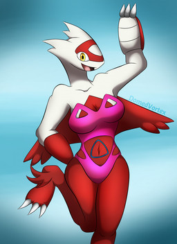 anthro big_breasts blue_background breasts claws clothing female gradient_background looking_at_viewer navel on_one_leg open_mouth open_smile pink_clothing pink_swimwear raised_arm red_body simple_background smile solo standing swimwear text white_body wings domedvortex nintendo pokemon generation_3_pokemon latias legendary_pokemon pokemon_(species) artist_name hi_res
