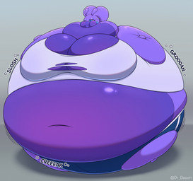 belly belly_expansion big_belly big_breasts big_cheeks blue_bottomwear blue_clothing blue_eyes blue_shorts blueberry_inflation body_inflation bottomwear breast_expansion breasts clothing creaking expansion eyelashes female grey_background groan groaning_belly huge_belly huge_breasts hyper hyper_belly hyper_breasts hyper_inflation immobile inflation motion_lines navel one_eye_closed onomatopoeia purple_body round_body shirt shorts simple_background slosh sloshing_belly solo sound_effects spherical_inflation swollen_cheeks text three-quarter_view tight_clothing topwear torn_clothing torn_shirt torn_topwear white_clothing white_shirt white_topwear dr.dewott nintendo pokemon generation_6_pokemon goodra pokemon_(species) 2026 artist_name colored digital_media_(artwork) hi_res shaded