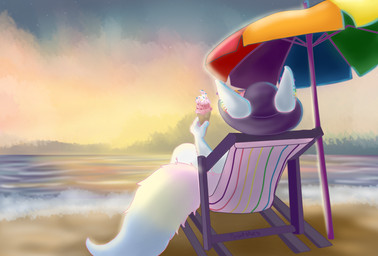 ambiguous_gender anthro beach beach_umbrella chair colorful_background dessert food furniture ice_cream on_chair parasol sitting sitting_on_chair solo sunset pyroashes canid canine fennec_fox fox mammal true_fox absurd_res hi_res