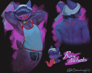 anthro athletic beanie bell bell_collar bulge clothing collar glowing glowing_tongue hat headgear headwear jockstrap long_tongue male muscular shirt short_tail solo tail tank_top thick_thighs tongue topwear underwear wide_hips sonninng03 nintendo pokemon generation_1_pokemon gengar ghost pokemon_(species) spirit 5:4 hi_res model_sheet signature