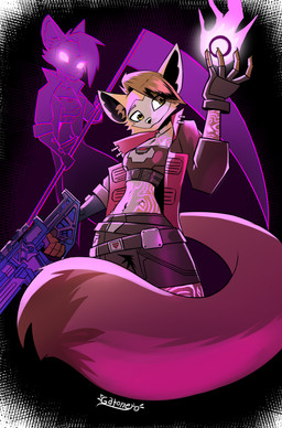 anthro big_tail black_nose bottomwear clothed clothed_anthro clothed_female clothing cosplay crop_top duo facial_markings female female_anthro fingerless_gloves gloves handwear head_markings holding_assault_rifle holding_fireball holding_object holding_weapon inner_ear_fluff jacket light markings mask_(marking) melee_weapon midriff navel polearm scythe shadow shirt shorts sidecut tail topwear tuft weapon yellow_eyes gatonejo 2k_games borderlands derideal vex_(xen) canid canine fox mammal 2026 absurd_res hi_res signature