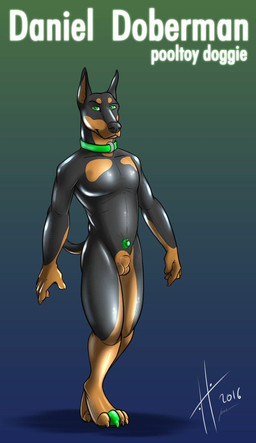animal_genitalia anthro balls black_body black_nose brown_balls brown_body brown_sheath claws collar finger_claws front_view genitals green_collar green_eyes looking_at_viewer male male_anthro mouth_closed nude sheath solo standing toe_claws hufnaar daniel_doberman canid canine canis dobermann domestic_dog living_pool_toy mammal pinscher 2016 dated full-length_portrait hi_res portrait signature