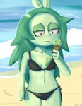 anthro beach bikini black_bikini black_clothing black_swimwear breasts clothing dessert female fist food fur green_body green_fur green_hair hair ice_cream ice_cream_cone ice_cream_on_breasts navel outside sand sea seaside side-tie_bikini small_breasts solo string_bikini swimwear text two-piece_swimsuit water young young_anthro ionai cartoon_network ok_k.o.!_let's_be_heroes fink_(ok_k.o.!_lbh) mammal murid murine rat rodent 2021 absurd_res artist_name colored hi_res