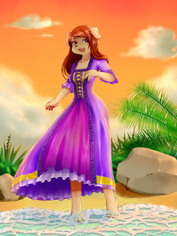 barefoot beach clothed clothing cloud dress feet female floppy_ears fur hair long_hair looking_at_viewer low-angle_view outside partially_submerged pawpads plant purple_clothing purple_dress purple_eyes red_hair red_sky rock seaside shrub sky solo standing sunset tan_body tan_fur water pilliy canid canine canis domestic_dog mammal hi_res