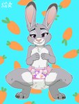 anthro breasts bunnyhopps_(diaper) carrot claws clothed clothing covering covering_breasts crouching diaper diaper_fetish diaper_only digitigrade female food hand_on_breast long_ears looking_at_viewer paws plant simple_background smile solo teeth topless topless_female vegetable wearing_diaper stargal_galexi abuniverse bunnyhopps disney zootopia judy_hopps lagomorph leporid mammal rabbit hi_res