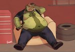 anthro belly bodily_fluids bottomwear clothing male moobs navel nipples overweight overweight_anthro overweight_male pants sitting solo sweat chocolombian binturong mammal viverrid 2020 hi_res