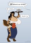 2024 alcohol anthro beer beer_stein beverage big_breasts black_hair breasts clothed clothing container copyright_symbol cup english_text female fur gnoll gruzan_(eljorro) hair hi_res huge_breasts hyena mammal markings open_mouth satsumalord solo speech_bubble spots spotted_body spotted_fur stein symbol text tray url