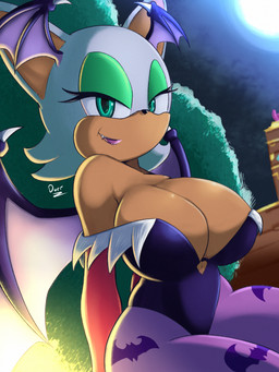 anthro bedroom_eyes big_breasts breasts cleavage clothed clothing cosplay female looking_at_viewer narrowed_eyes seductive solo thick_thighs tight_clothing sonicmanmw3 capcom darkstalkers sega sonic_the_hedgehog_(series) morrigan_aensland rouge_the_bat bat mammal 3:4 hi_res