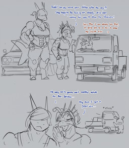 abs anthro chibi female group male muscular size_difference text trio truck vehicle litehase mythology ashley_(litehase) celica_(litehase) aquatic dragon fish hybrid lagomorph leporid mammal mythological_creature mythological_scalie rabbit scalie shark english_text hi_res monochrome sketch