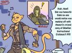 anthro armor book dialogue female fur headgear helmet leather male melee_weapon orange_body orange_fur sound_effects speech_bubble sword text thief weapon yellow_body yellow_skin hashdrawingslasher microsoft the_elder_scrolls altmer elf felid humanoid khajiit mammal 2019 comic english_text meme