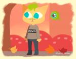 ambiguous_gender anthro autumn blinking blue_eyes clothed clothing dyed_fur floating fur green_body green_fur green_hair hair leaf outside plant solo tan_body tan_fur tree whiskers yellow_body yellow_fur youtuber kihori jacksepticeye night_in_the_woods youtube sean_mcloughlin_(jacksepticeye) septic_eye_sam_(jacksepticeye) alien domestic_cat eye_creature felid feline felis mammal 2017 animated short_playtime