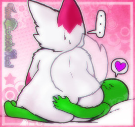 ambiguous_gender anthro bodily_fluids border duo eyes_closed green_body hand_on_butt heart_symbol sitting sitting_on_another size_difference sweat sweatdrop white_body thecosmicfool nintendo pokemon generation_3_pokemon human mammal pokemon_(species) zangoose 2025 digital_drawing_(artwork) digital_media_(artwork) signature