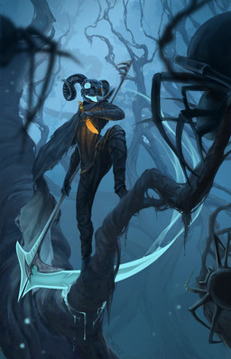 anthro dagger fantasy forest horn male melee_weapon night plant polearm scythe solo sword tree weapon wood conditional_dnp latex_(artist) arachnid arthropod monster spider unknown_species hi_res
