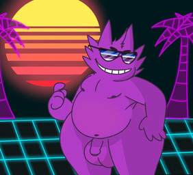balls beckoning big_balls eyewear flaccid fur genitals gesture grid grin hair male overweight overweight_humanoid overweight_male penis purple_balls purple_body purple_fur purple_hair purple_penis slightly_chubby smile solo spiky_hair sunglasses synthwave wide_hips unhinged-omega nintendo pokemon jack_wilebane generation_1_pokemon gengar ghost humanoid pokemon_(species) spirit undead chromatic_aberration