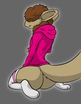 anthro big_butt brown_body brown_fur butt clothed clothing fluffy fur hair hair_over_eyes hoodie kneeling legwear male neck_tuft obscured_eyes on_ground open_mouth partially_clothed pink_clothing pink_hoodie pink_topwear rear_view simple_background sitting solo tail tan_body tan_fur thick_tail thick_thighs thigh_highs topwear tuft wide_hips wool_(fur) kennedy_oz the_nature_of_predators yolm_(kennedy_oz) alien mammal venlil_(the_nature_of_predators) absurd_res hi_res signature