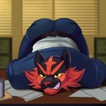 angry anthro ass_up bent_over_desk body_control butt clothed clothing looking_at_viewer male muscular office pencil_(object) solo suit uniform hoitfay nintendo pokemon generation_7_pokemon incineroar pokemon_(species) 1:1 hi_res