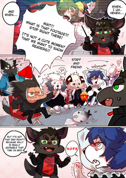 angry anthro behind_the_scenes black_body black_fur black_hair blue_eyes blush brown_body brown_fur clapping convenient_censorship dialogue director's_chair ear_piercing eating eye_scar eyewear facial_scar floppy_ears folded_ears food fur glasses green_eyes group hair horn male male/male paper piercing plastic_bag pointer pointy_speech_bubble popcorn popcorn_bucket red_eyes scar sitting speech_bubble staff tail tail_motion tailwag text vein white_body white_fur yelling booboo34 joe_turner william_dalton aquatic canid canine canis domestic_dog felid kangaroo lion macropod mammal marsupial pantherine pinniped seal 2020 absurd_res comic english_text hi_res thai_text