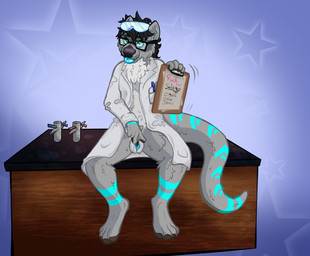 andromorph anthro black_hair blue_body blue_eyes blue_fur blue_tongue blue_vulva chemistry clipboard clothing coat eyewear eyewear_on_head fingering fur genitals glasses goggles goggles_on_head grey_body grey_fur hair holding_clipboard holding_object intersex lab_coat motion_lines motion_outline pattern_background paws presenting presenting_vulva simple_background sitting solo star star-shaped_background star_polygon tongue tongue_out topwear vulva pronghornpunk arin_fritz domestic_ferret mammal mustelid musteline otter true_musteline weasel 2020 digital_media_(artwork)