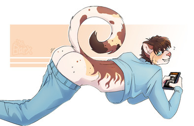 abstract_background anthro big_butt blush blush_lines bodily_fluids bottomwear bottomwear_down brown_body brown_hair butt caught clothed clothing curled_tail electronics embarrassed eyewear flustered glasses hair holding_object holding_phone looking_back lying male male_anthro multicolored_body nerd nervous on_front pants pants_down partially_clothed phone shy simple_background slim_anthro slim_male solo sweat sweatdrop sweater tail tan_background tan_body topwear wearing_glasses white_background white_body wide_hips mrbarx domestic_cat felid feline felis mammal censored hi_res