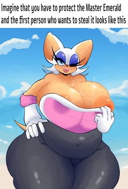 anthro areola areola_slip bedroom_eyes belly belly_overhang big_belly big_breasts blush breasts cleavage clothed clothing female flashing huge_breasts looking_at_viewer narrowed_eyes navel_outline nipples one_eye_closed overweight overweight_anthro overweight_female seductive solo text thick_thighs tight_clothing tongue tongue_out wide_hips wink gelycall sega sonic_the_hedgehog_(series) rouge_the_bat bat mammal absurd_res english_text hi_res