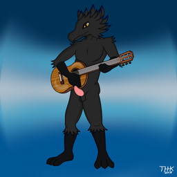 3_toes acoustic_guitar anthro arm_tuft ball_tuft balls biped black_balls black_body black_feathers black_feet black_toes elbow_tuft erection feather_tuft feathers feet genitals gloves_(marking) gradient_background guitar leg_markings looking_at_viewer male markings mouth_closed musical_instrument non-mammal_balls nude penis pink_penis plantigrade plucked_string_instrument rock_out_with_your_cock_out shoulder_tuft simple_background smile socks_(marking) solo standing string_instrument tapering_penis toes tuft yellow_eyes thehuskyk9_(artist) avian dinosaur feathered_dinosaur feathered_scalie prehistoric_species reptile scalie 1:1 2018 digital_media_(artwork) hi_res shaded watermark